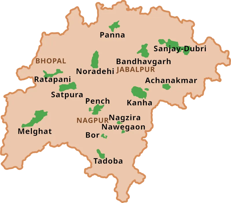 Carte des réserves à tigres de l'Inde centrale