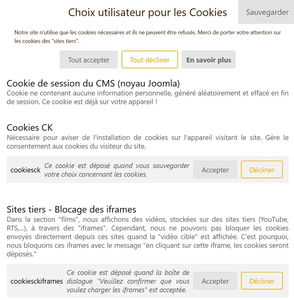 Options des cookies Consentement aux cookies